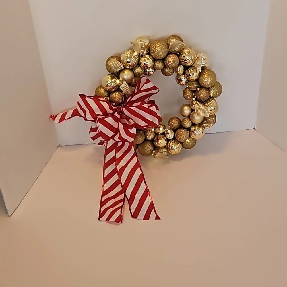 Upcycled Shatterproof Wreath Christmas Gold Ornaments Fairy Lights Handmade 14